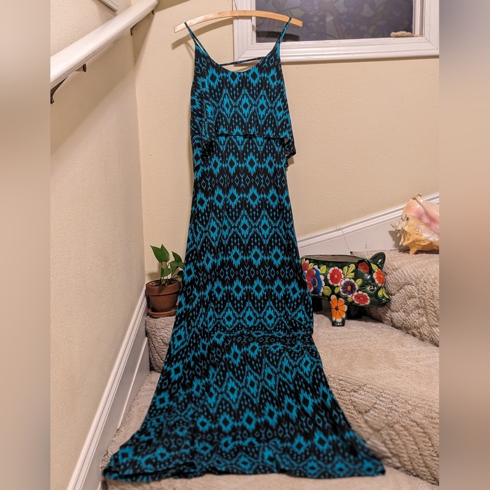 Nymphe Women's Small Maxi Dress Aztec black teal open back